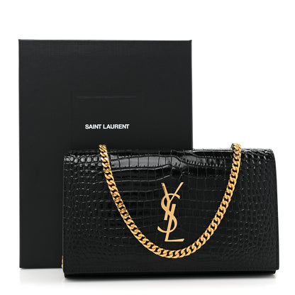 Saint Laurent Calfskin Crocodile Embossed Cassandre Wallet On Chain WOC Black 12 of 12