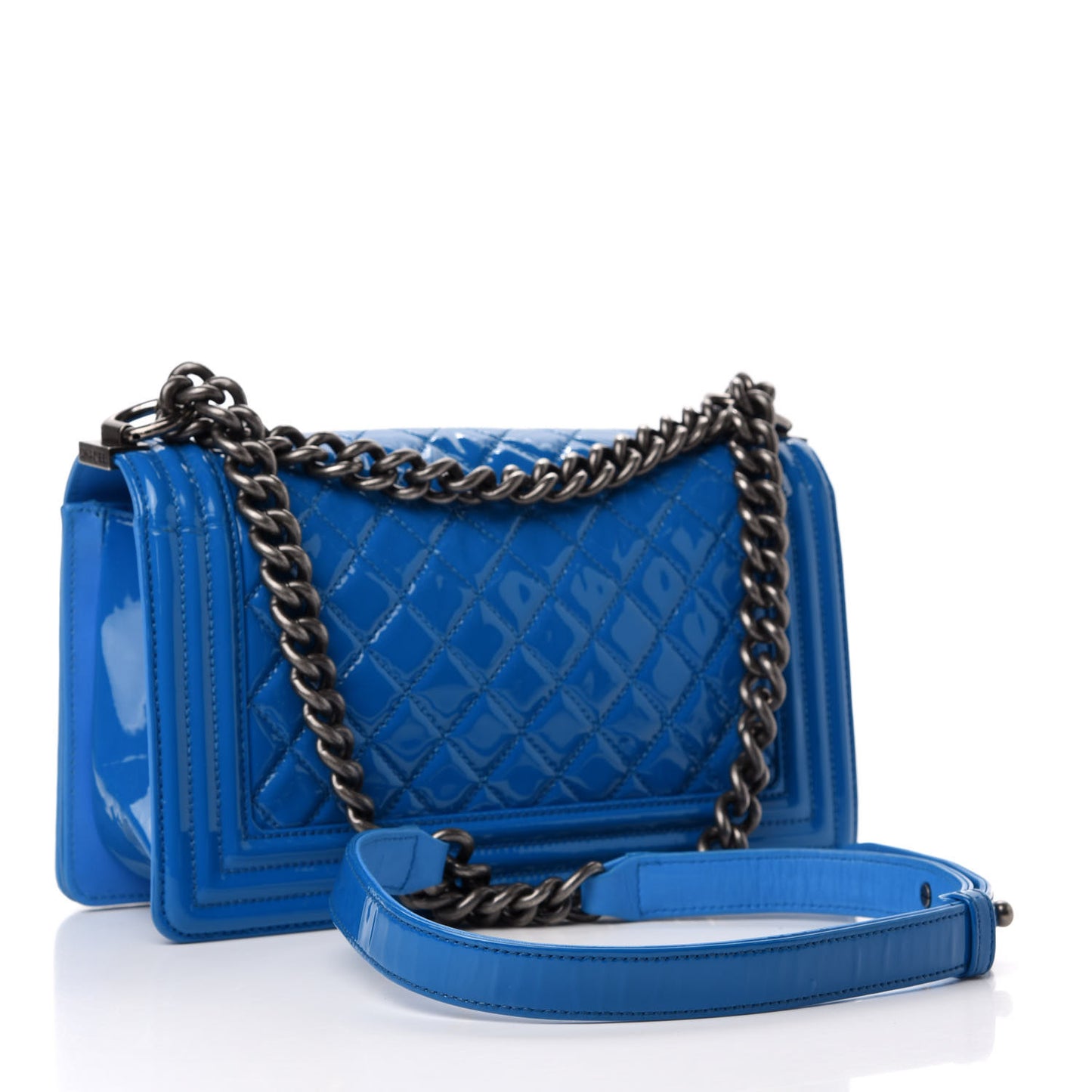 Patent Calfskin Quilted Medium Boy Flap Blue