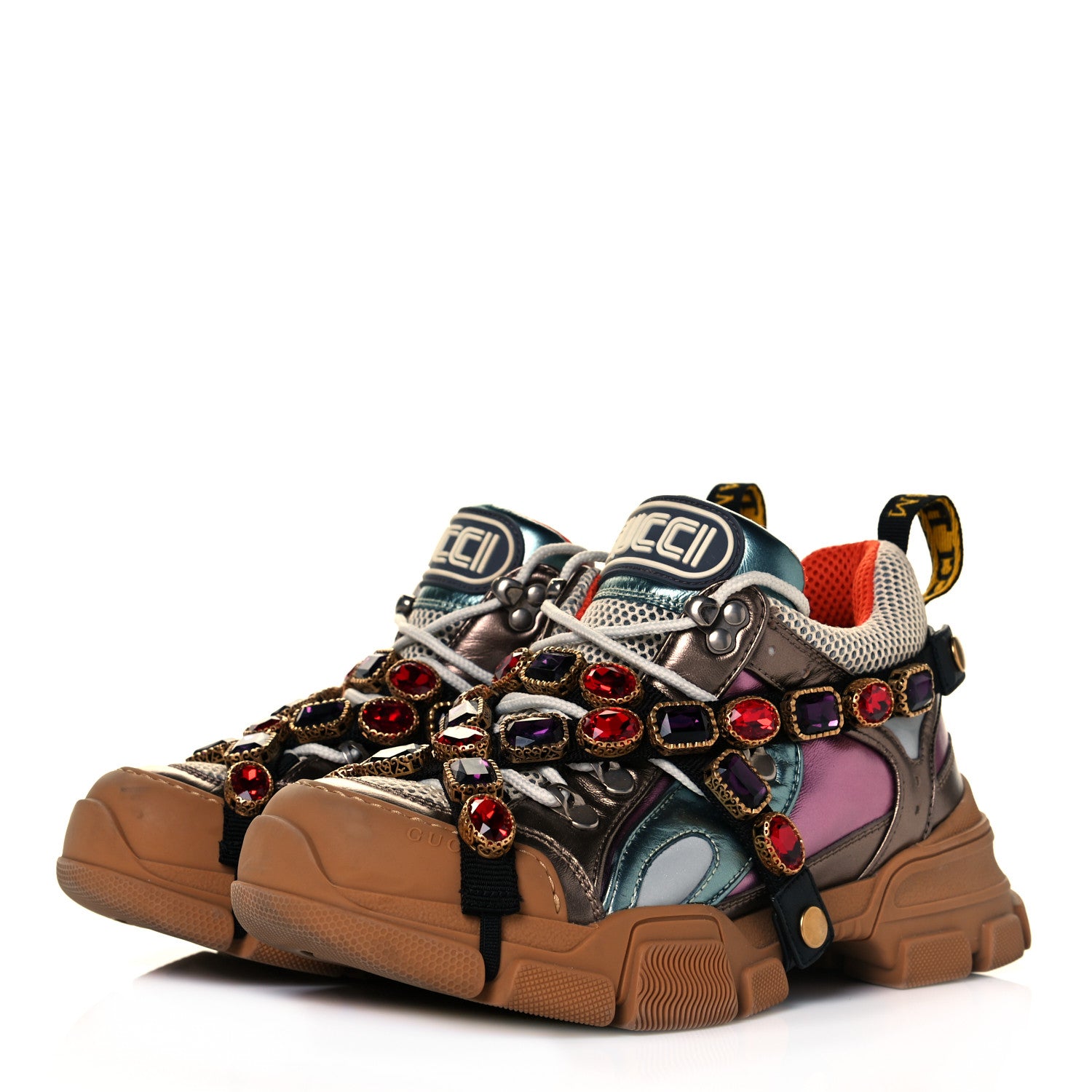 Gucci X SEGA Metallic Calfskin Mesh Removable Crystals Womens Flashtrek Sneakers 39.5 Rame Mystic White Lago 2 of 10