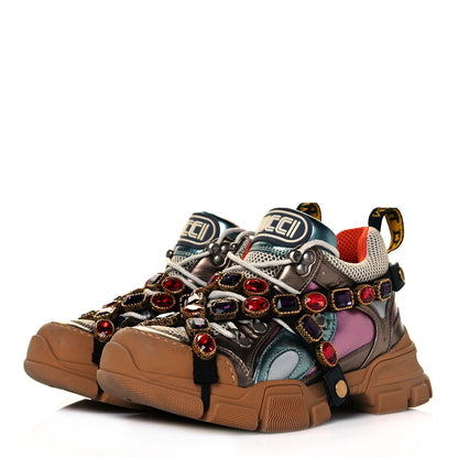 Gucci X SEGA Metallic Calfskin Mesh Removable Crystals Womens Flashtrek Sneakers 39.5 Rame Mystic White Lago 2 of 10