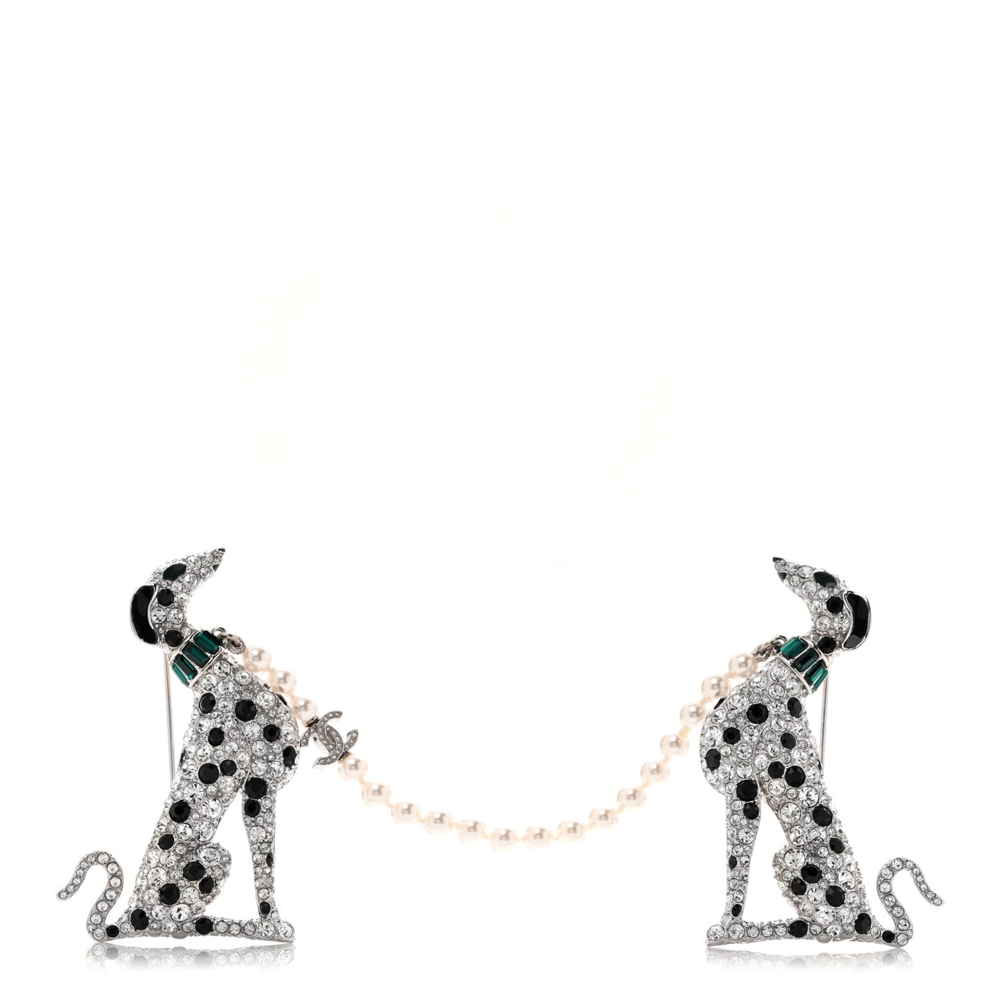 Metal Resin Strass CC Pearl Dalmatian Brooch Silvery Pearly White Green Black