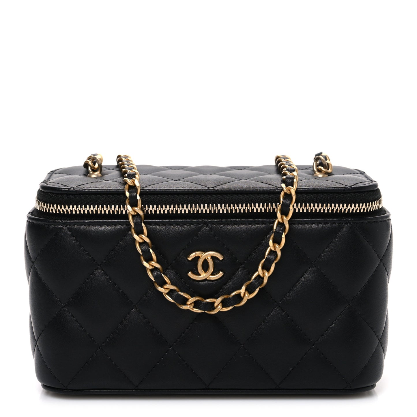 Lambskin Quilted Pearl Crush Small Vanity Case With Chain Black