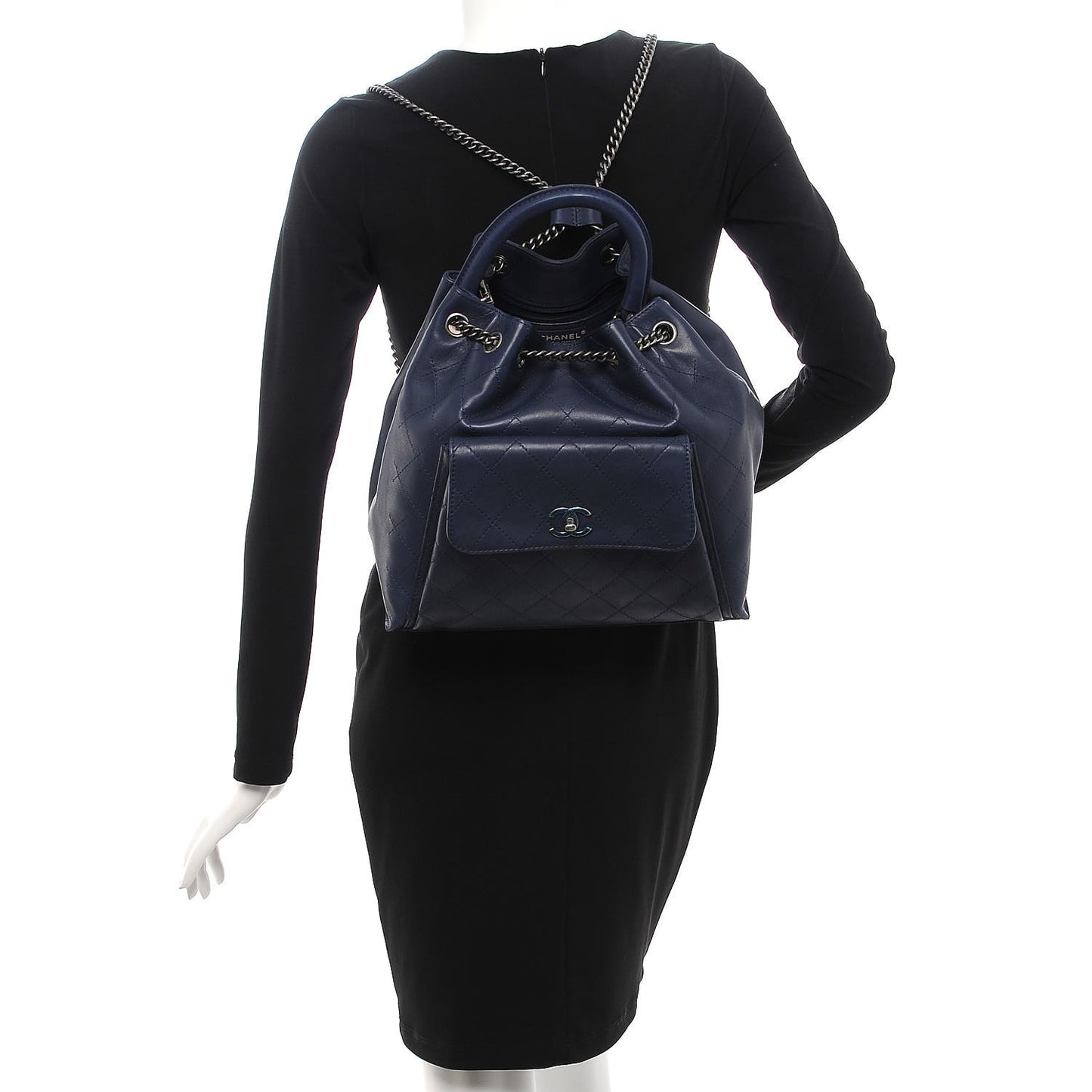 Calfskin Stitched Large Urban Luxury Drawstring Backpack Navy Blue