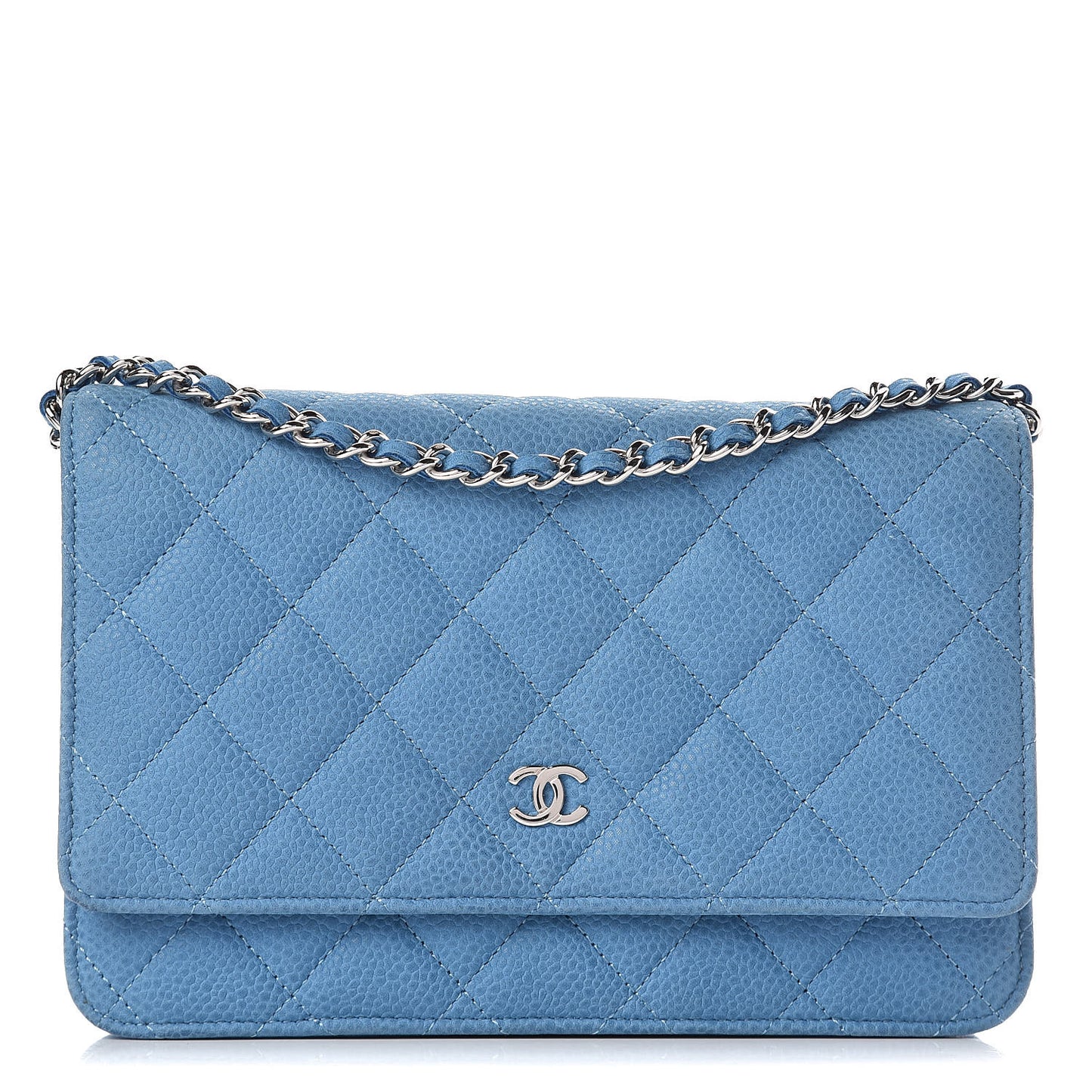Iridescent Caviar Quilted Wallet On Chain WOC Blue