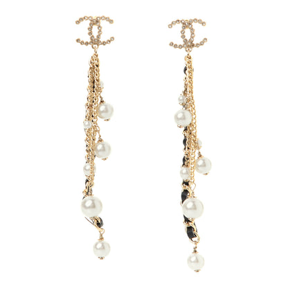 Chanel Pearl Crystal Lambskin Chain CC Dangle Earrings Gold 1 of 3