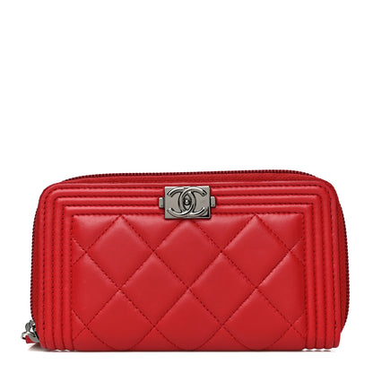 Chanel Lambskin Quilted Small Boy Zip Around Wallet Dark Red 1 of 14
