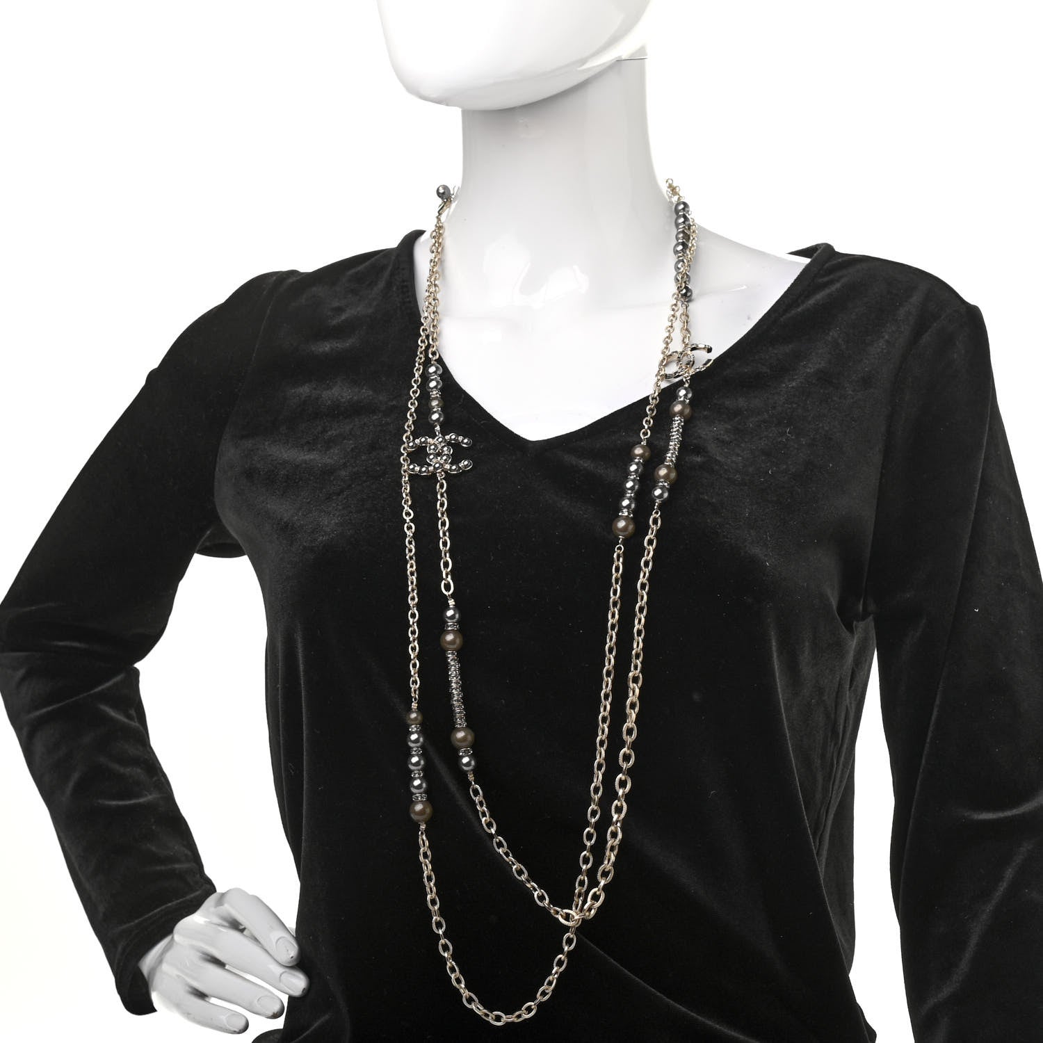 Chanel Pearl Crystal CC Long Necklace Gold 2 of 5