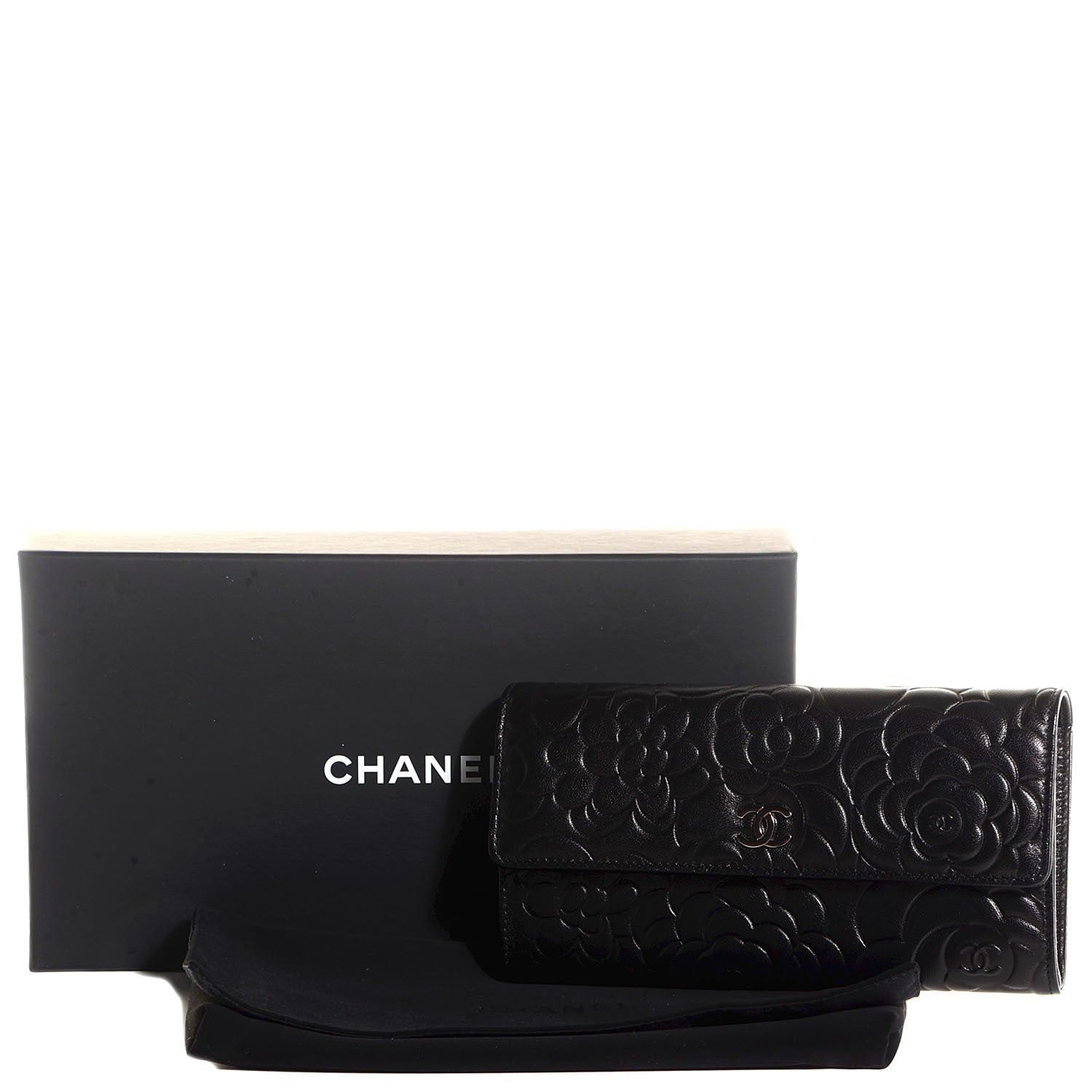 Chanel Lambskin Embossed Camellia Large Gusset Flap Wallet Black 9 of 9