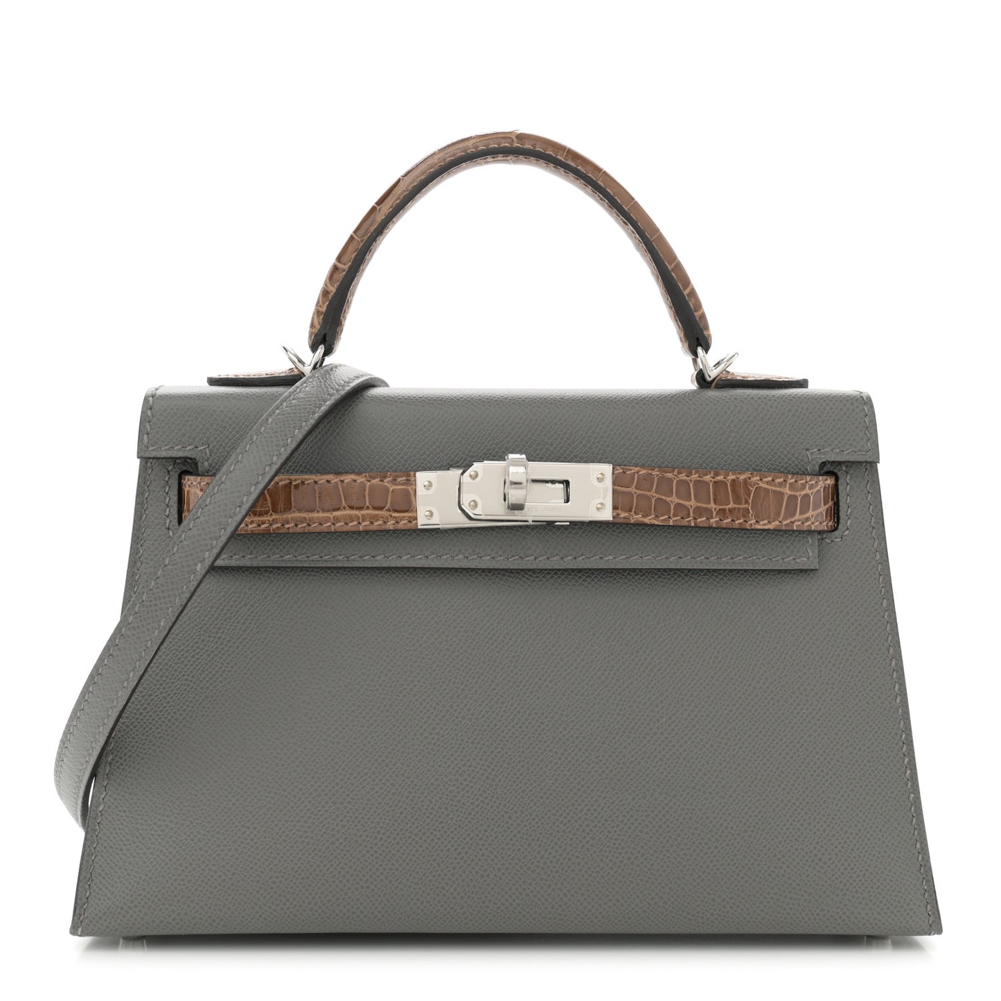 Madame Calfskin Shiny Alligator Mini Kelly Sellier Touch 20 Gris Meyer Ficelle
