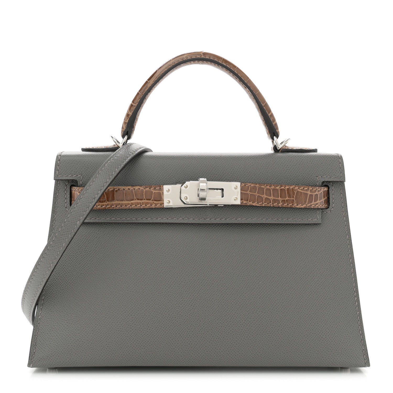 Hermes Madame Calfskin Shiny Alligator Mini Kelly Sellier Touch 20 Gris Meyer Ficelle 1 of 11
