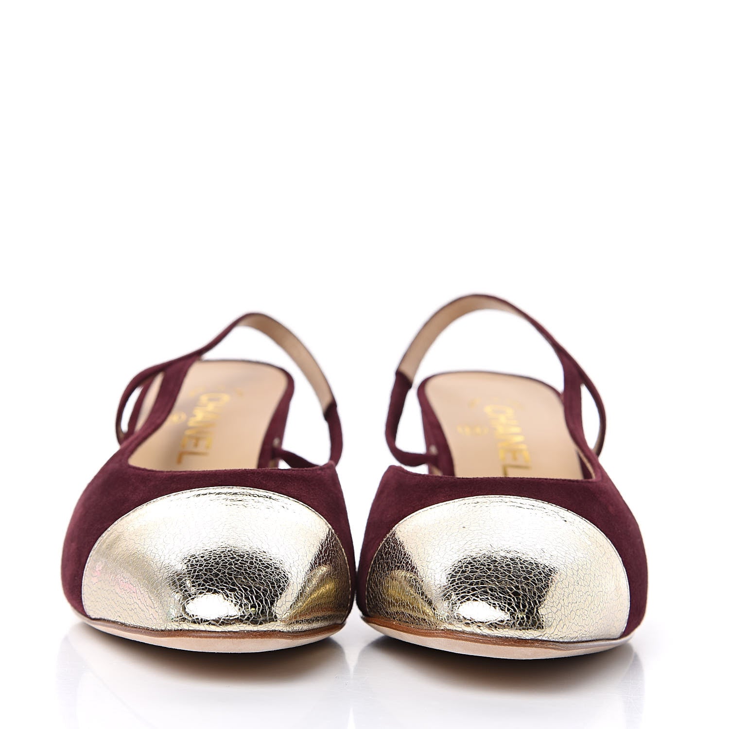 Chanel Kid Suede Metallic Lambskin Cap Toe CC Slingback Pumps 38.5 Burgundy Gold 2 of 9