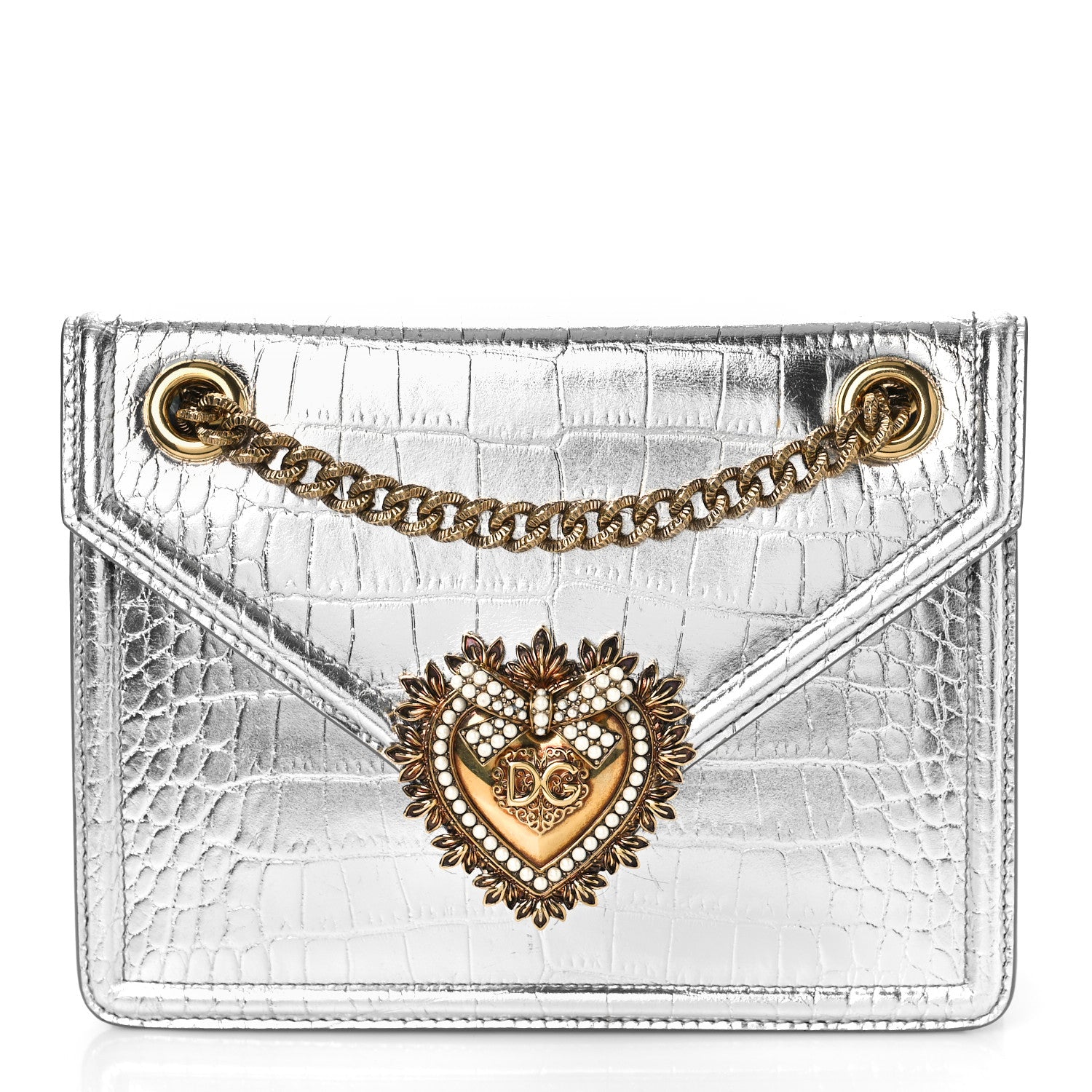 Dolce & Gabbana Metallic Calfskin Crocodile Embossed Mini Devotion Envelope Bag Silver 1 of 8