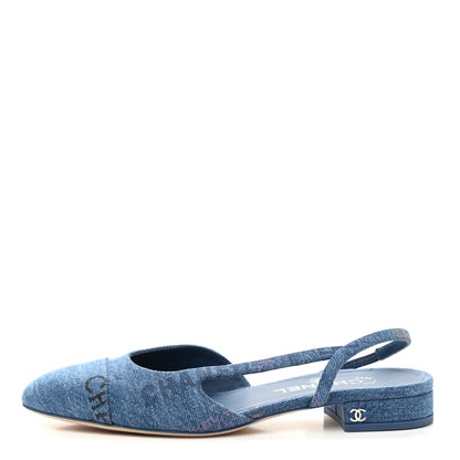 Chanel Denim Cap Toe CC Slingback Flats 38 Light Blue Multicolor 1 of 10