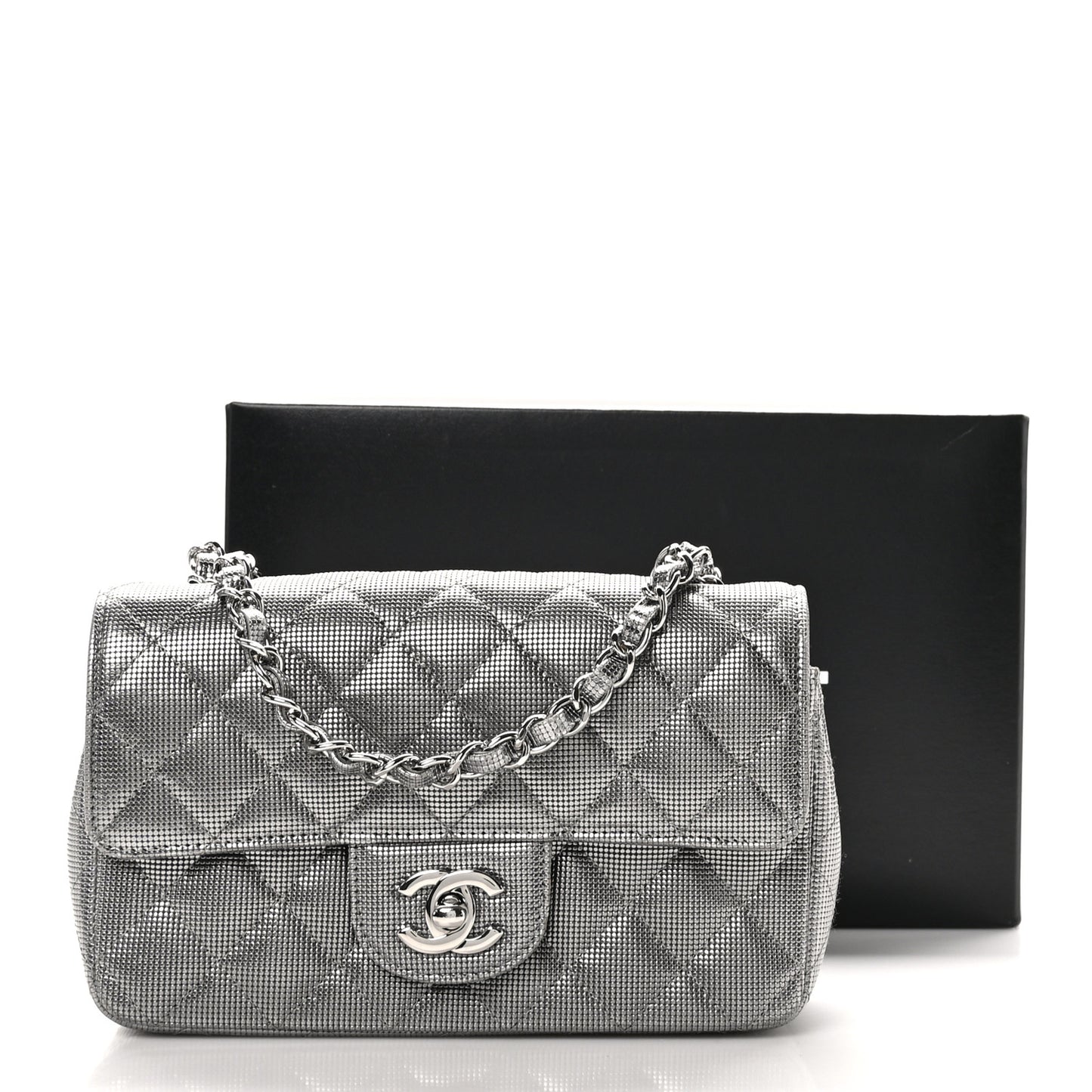 Metallic Calfskin Quilted Pixel Effect Mini Rectangular Flap Dark Silver