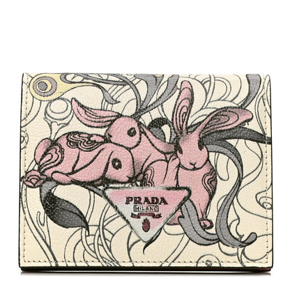 Prada X JAMES JEAN Glace Calfskin Rabbit Print Bi-Fold Wallet Opaline 1 of 7