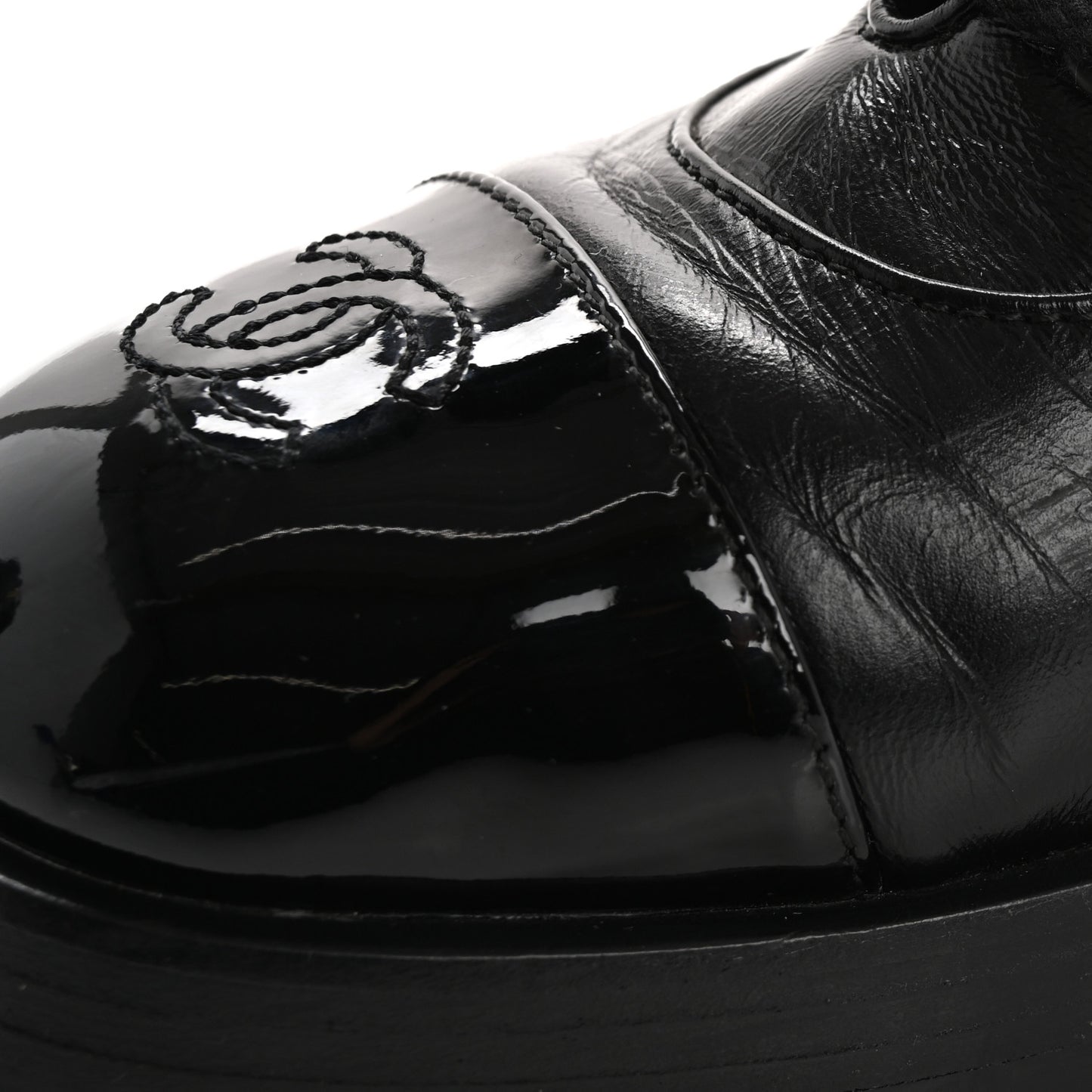 Shiny Calfskin Patent Quilted Chain Lace Up Combat Boots 38 Black