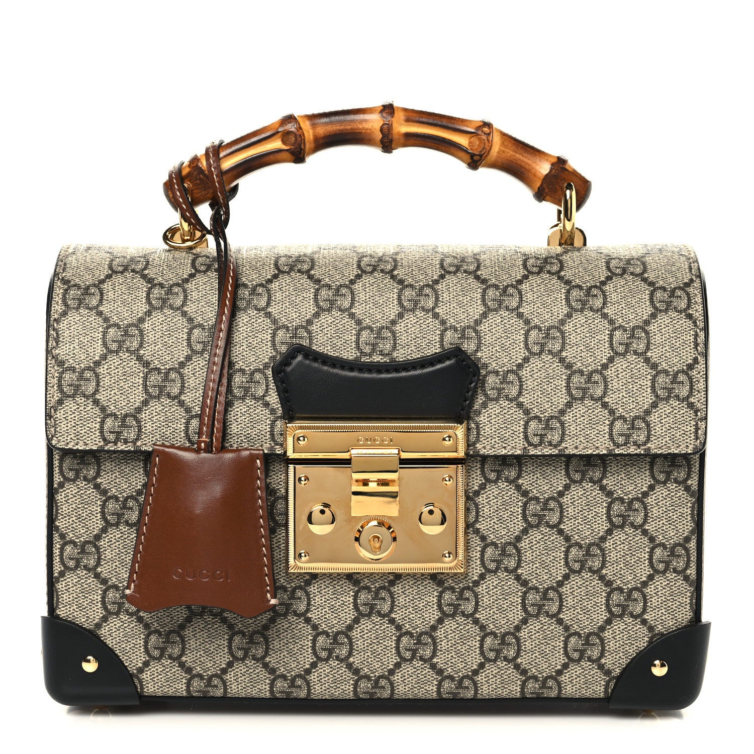 Gucci GG Supreme Monogram Small Padlock Bamboo Shoulder Bag Beige Black Cuir 1 of 11