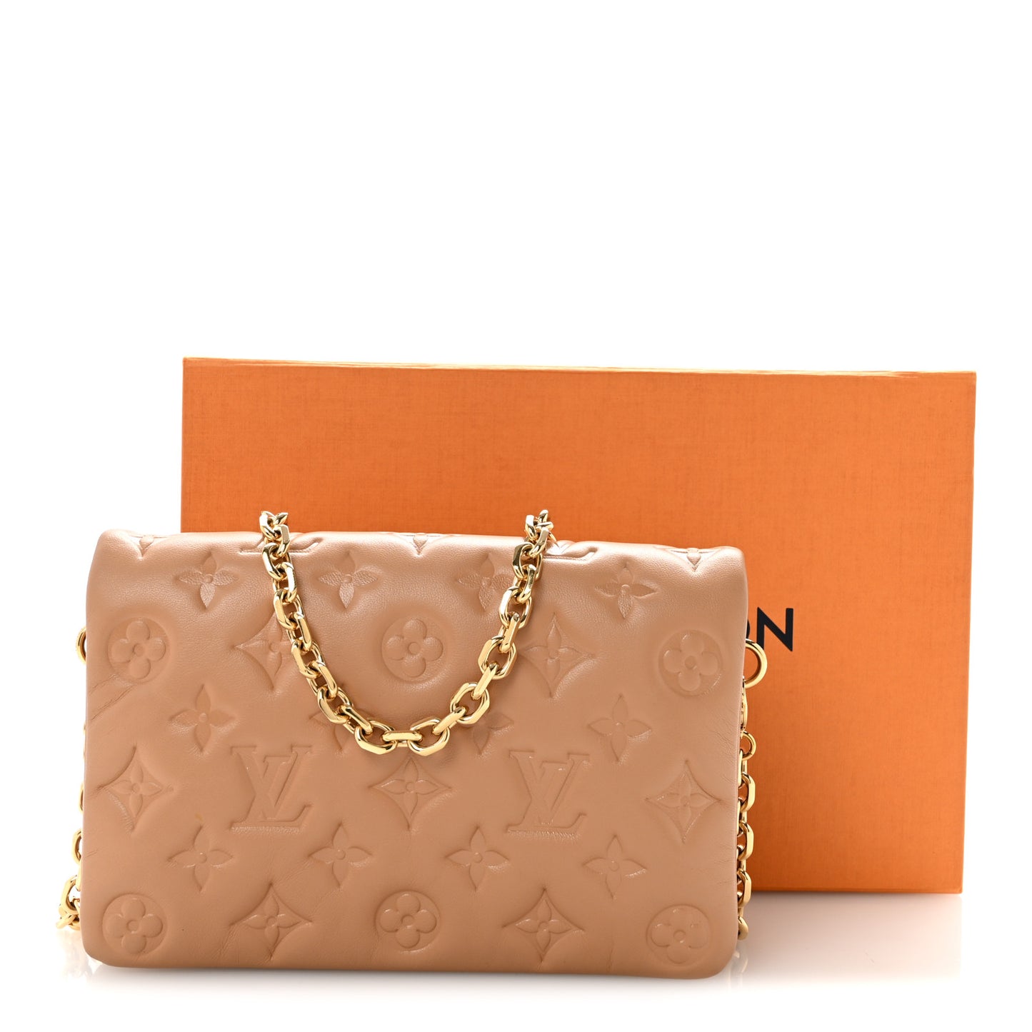 Lambskin Embossed Monogram Pochette Coussin Camel