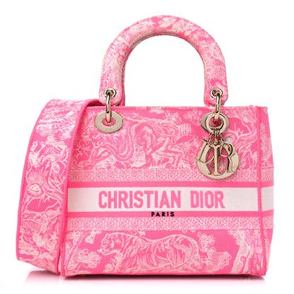Christian Dior Canvas Toile De Jouy Reverse Embroidered Medium Lady D-Lite Fluorescent Pink 1 of 17