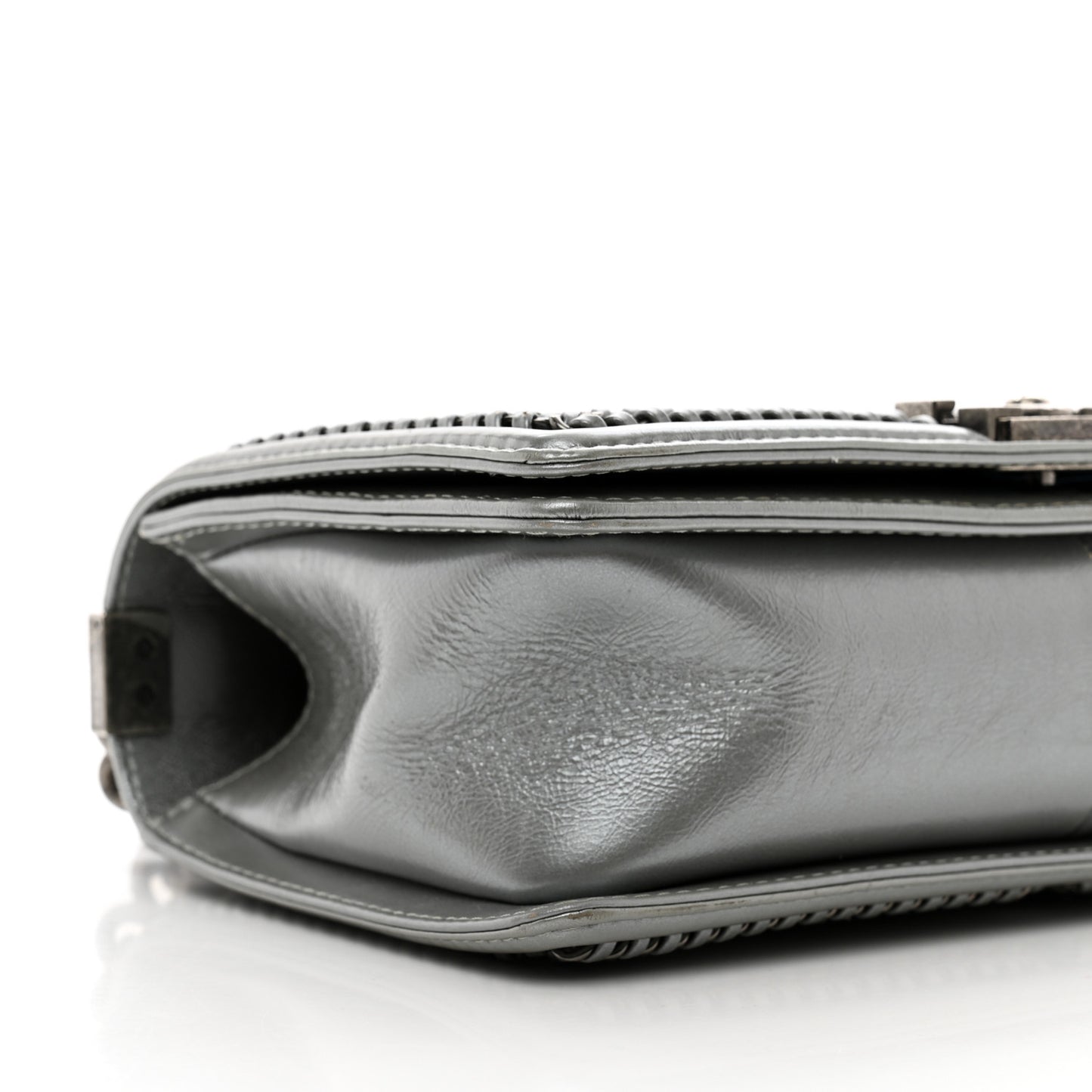Metallic Aged Calfskin Quilted Medium Top Handle Boy Flap Silver