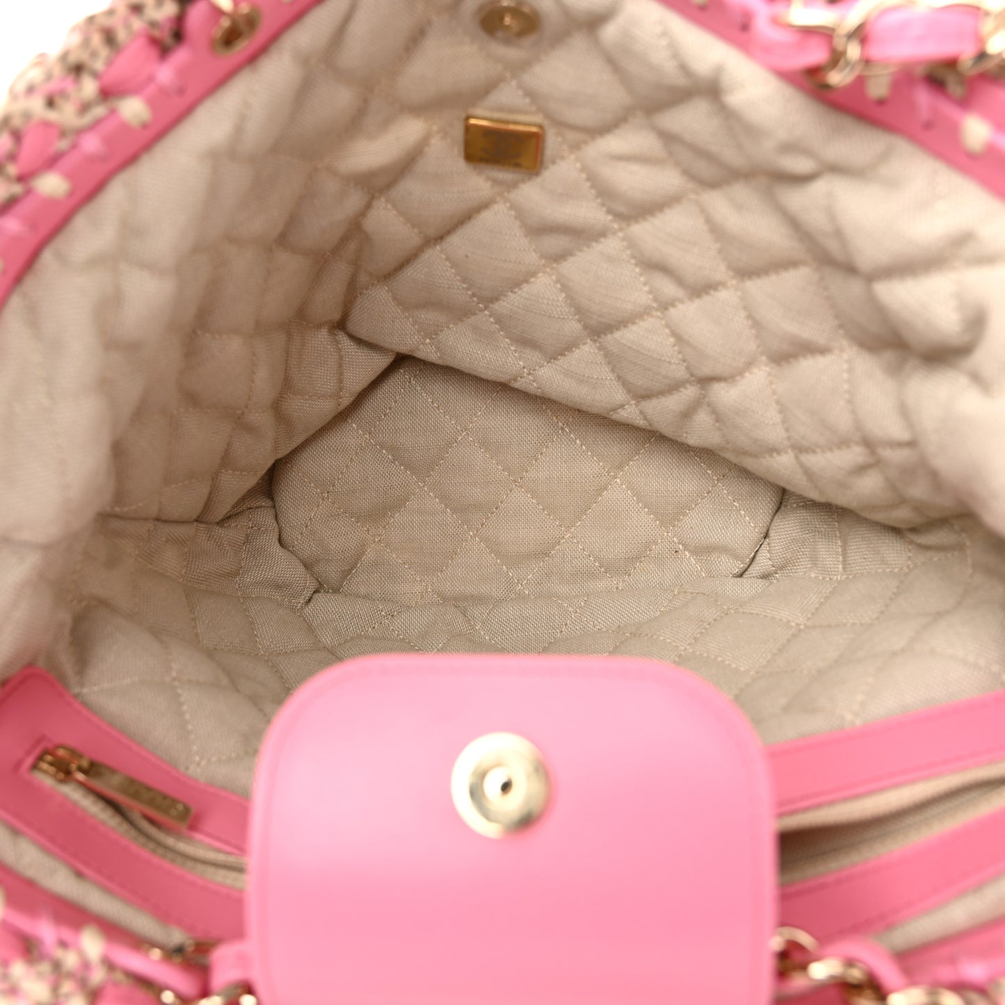 Mixed Fibers Calfskin Crochet Small Shopping Bag Beige Pink