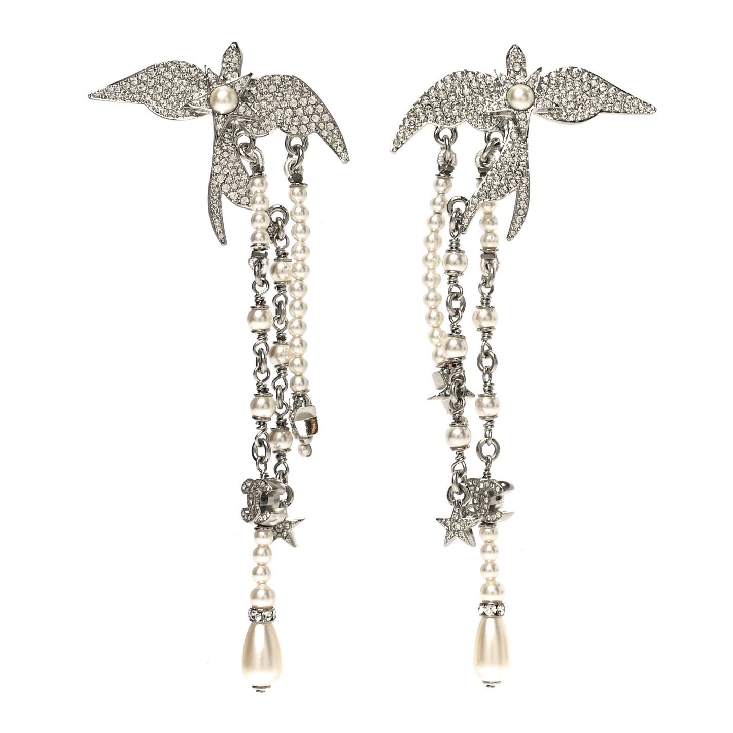 Pearl Crystal CC Star Bird Drop Earrings Silver Pearly White