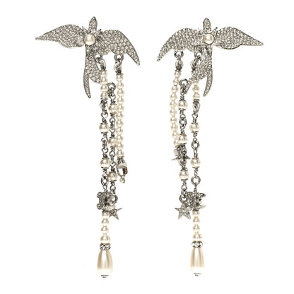 Chanel Pearl Crystal CC Star Bird Drop Earrings Silver Pearly White 1 of 5