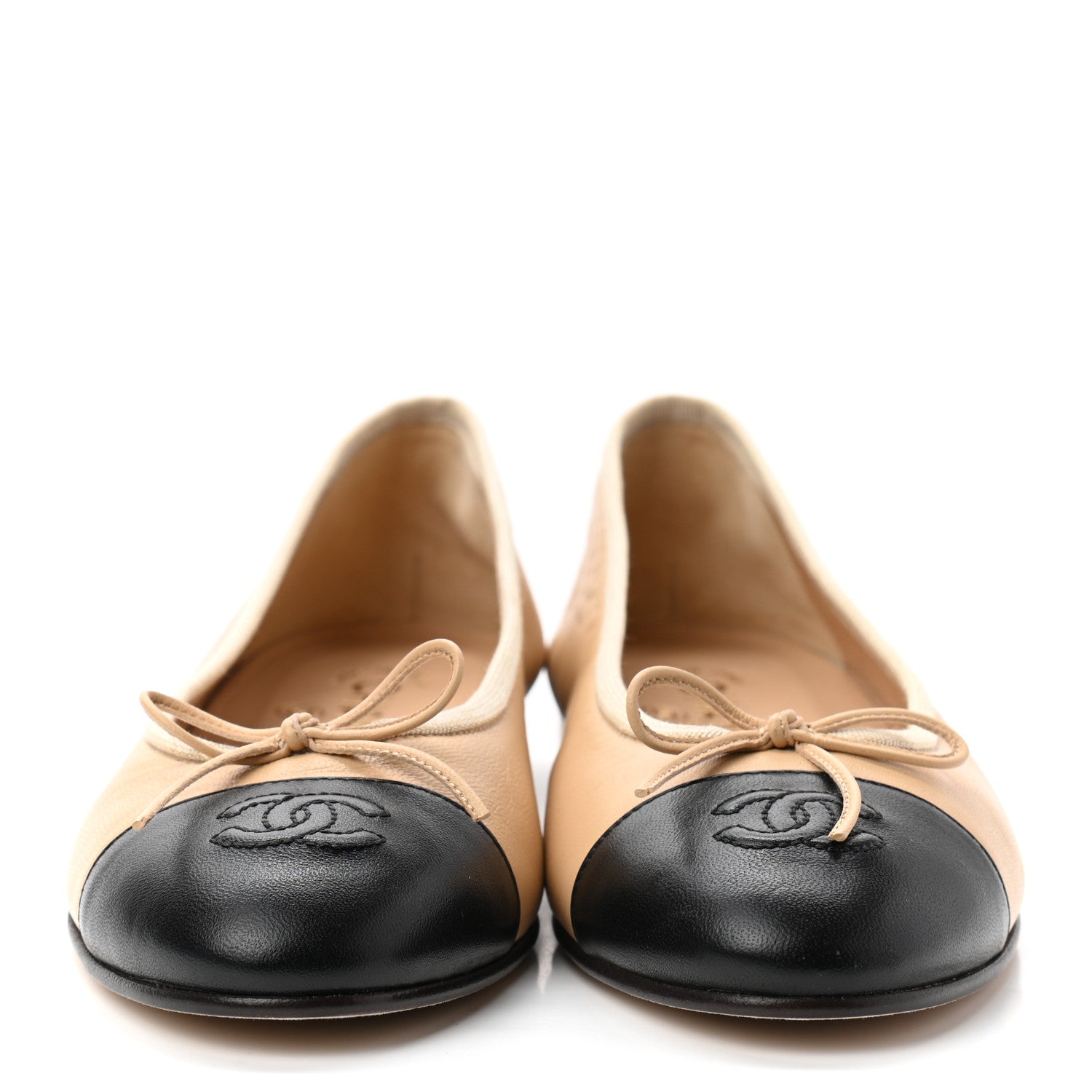 Chanel Lambskin Cap Toe CC Ballerina Flats 38.5 Beige Black 2 of 8