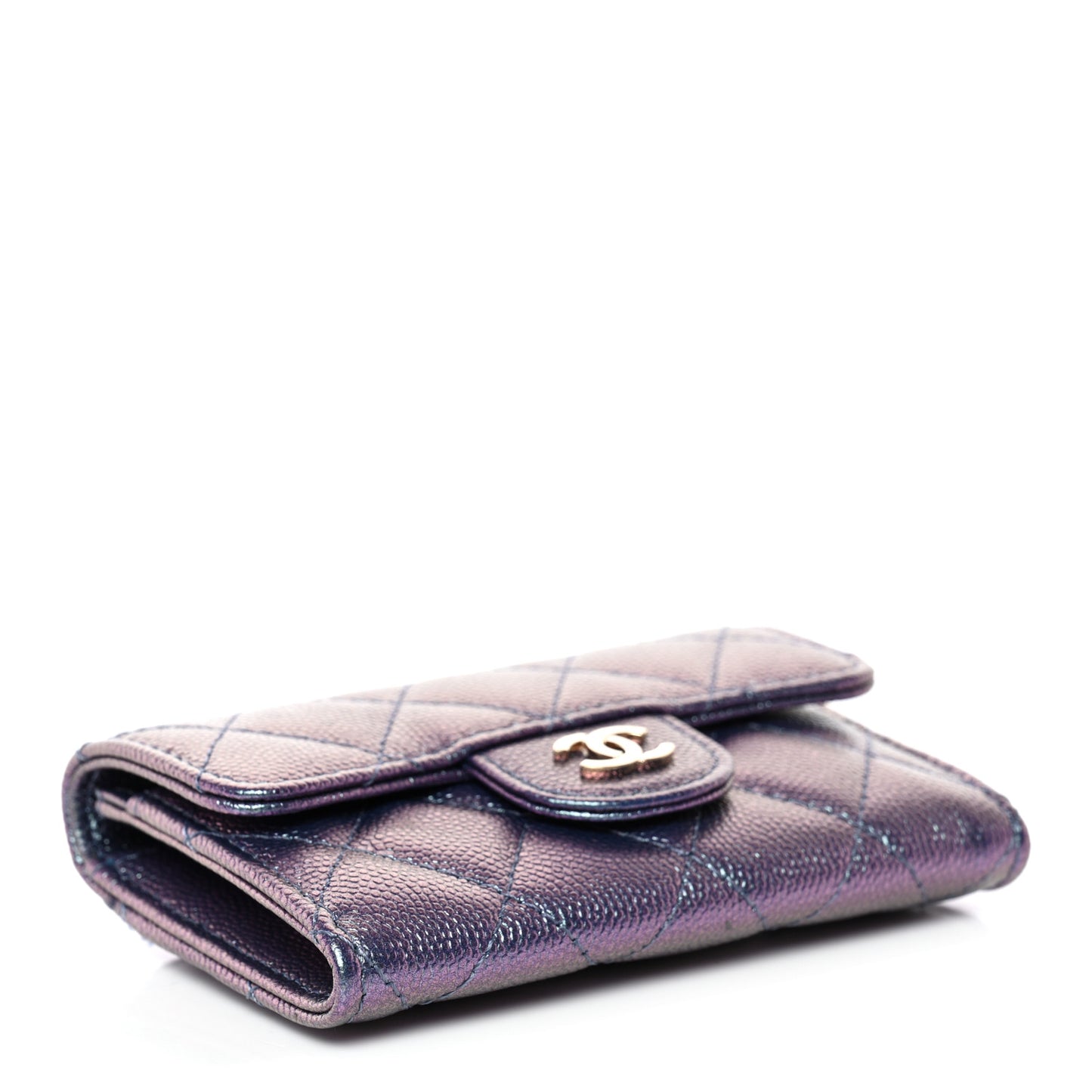 Iridescent Caviar Flap Quilted Card Holder Wallet Purple