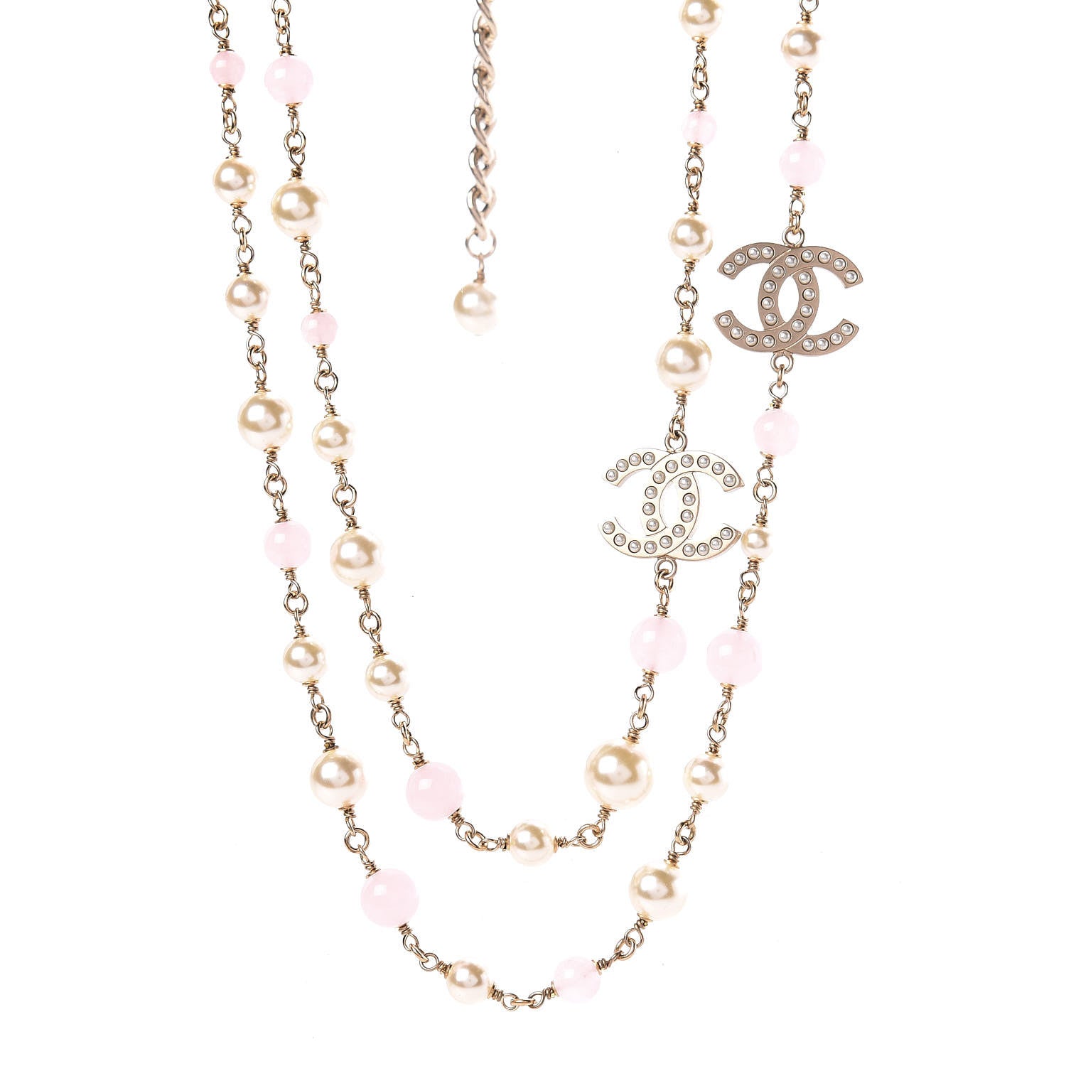 Chanel Pearl Bead CC Long Necklace Pink Gold 1 of 6