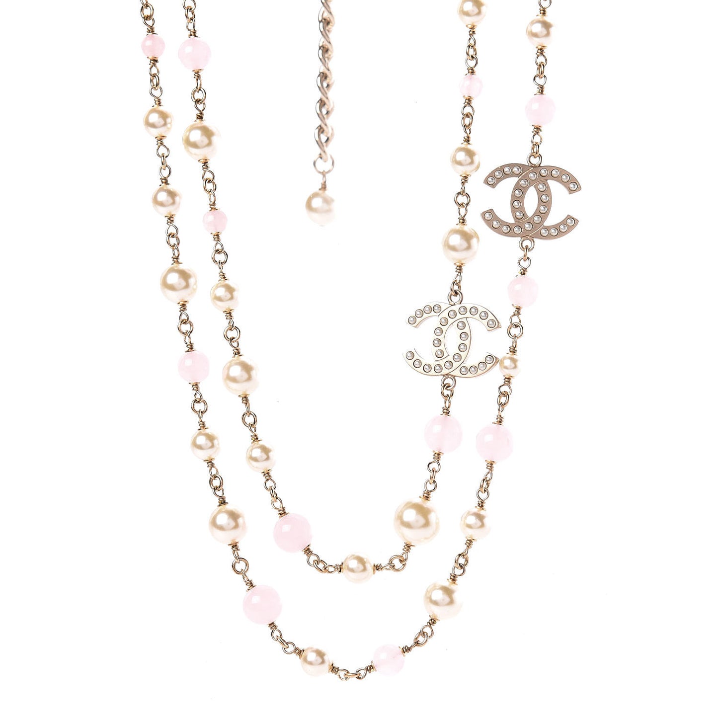 Pearl Bead CC Long Necklace Pink Gold