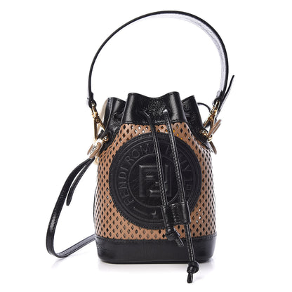Fendi Vitello Liberty Glossy Lambskin F is Fendi Perforated Mini Mon Tresor Bucket Bag Sand Mimosa Black 1 of 9