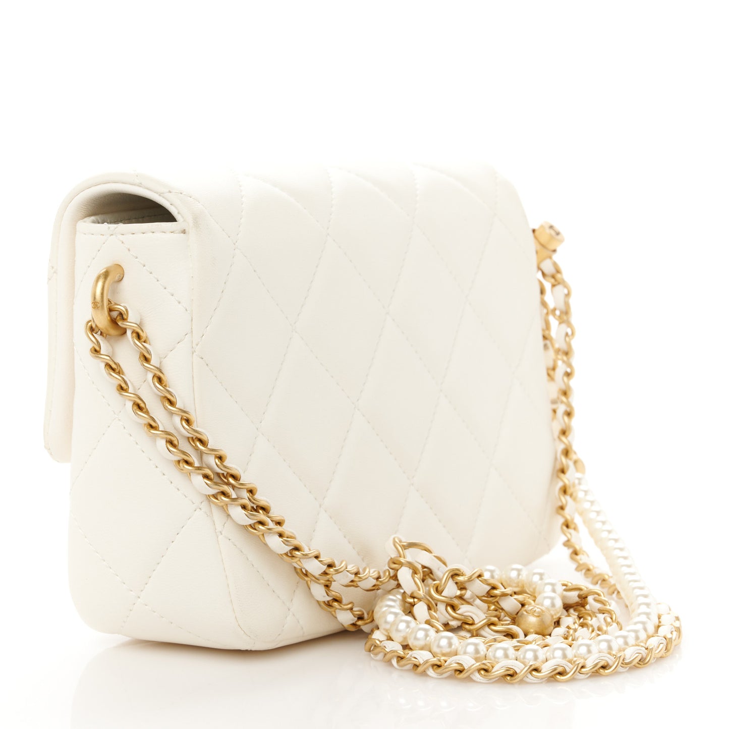 Shiny Lambskin Quilted Pearl Twist Mini Square Flap White