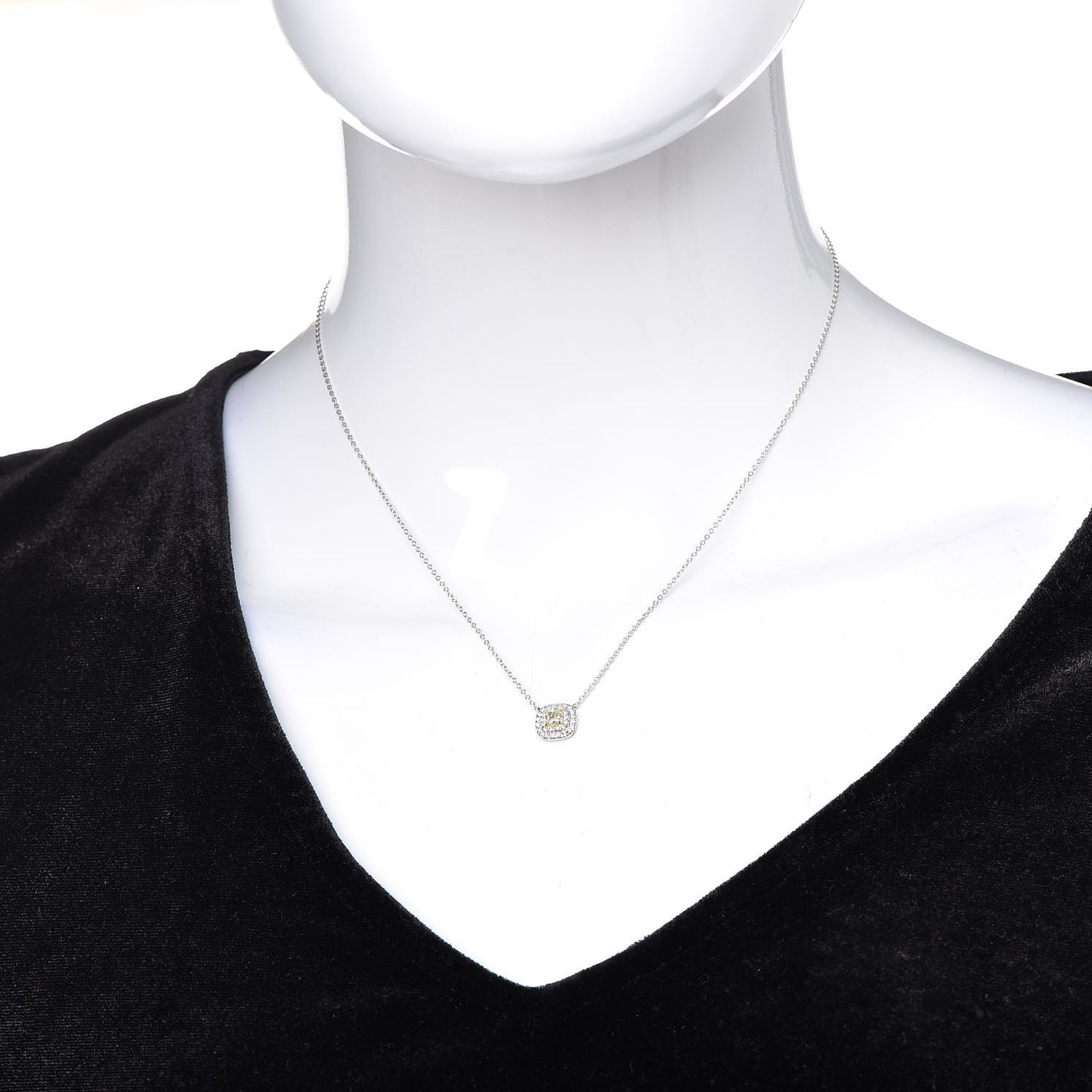 Platinum 18K Yellow Gold Diamond Fancy Yellow Diamond .19ct Soleste Cushion-Cut Halo Pendant Necklace