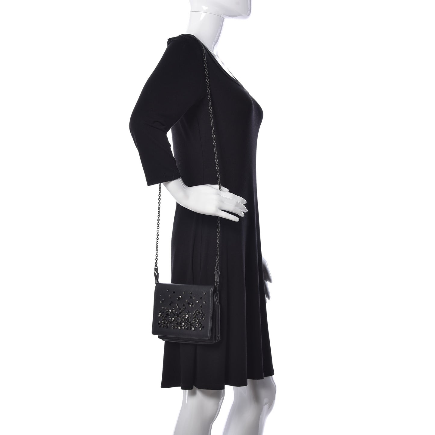 Nappa Pearl Embellished Chain Wallet Black