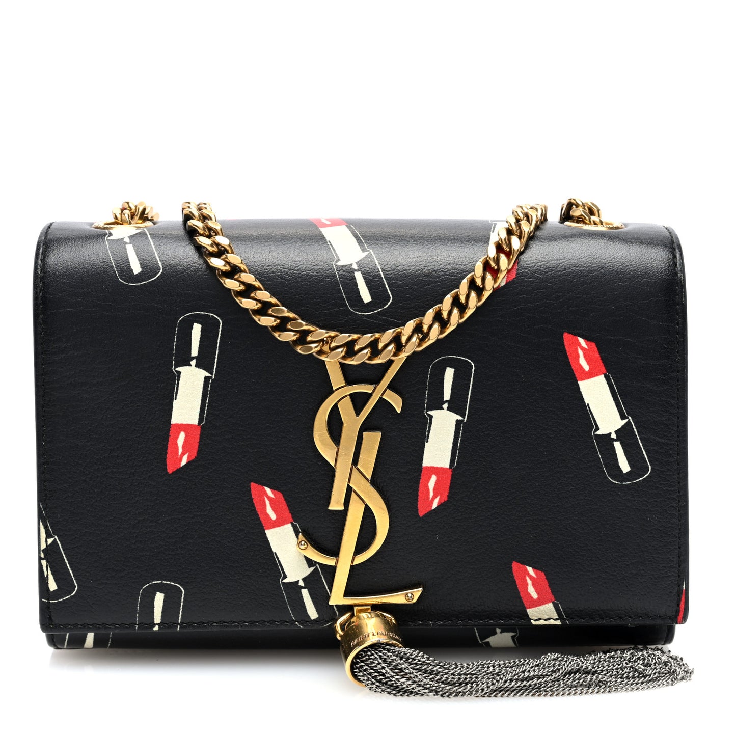 Calfskin Lipstick Print Small Classic Monogram Kate Tassel Satchel Black