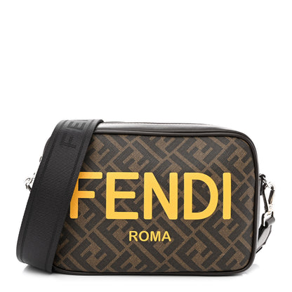Fendi Shiny Glazed Fabric Vitello Cover FF 1974 Logo Medium Camera Case Tobacco Moro Giallo Ebano 1 of 11