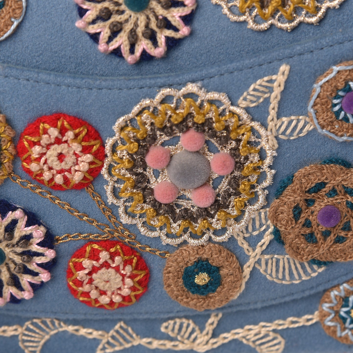 Felt Flower Embroidered Medium Double Flap Blue Multicolor