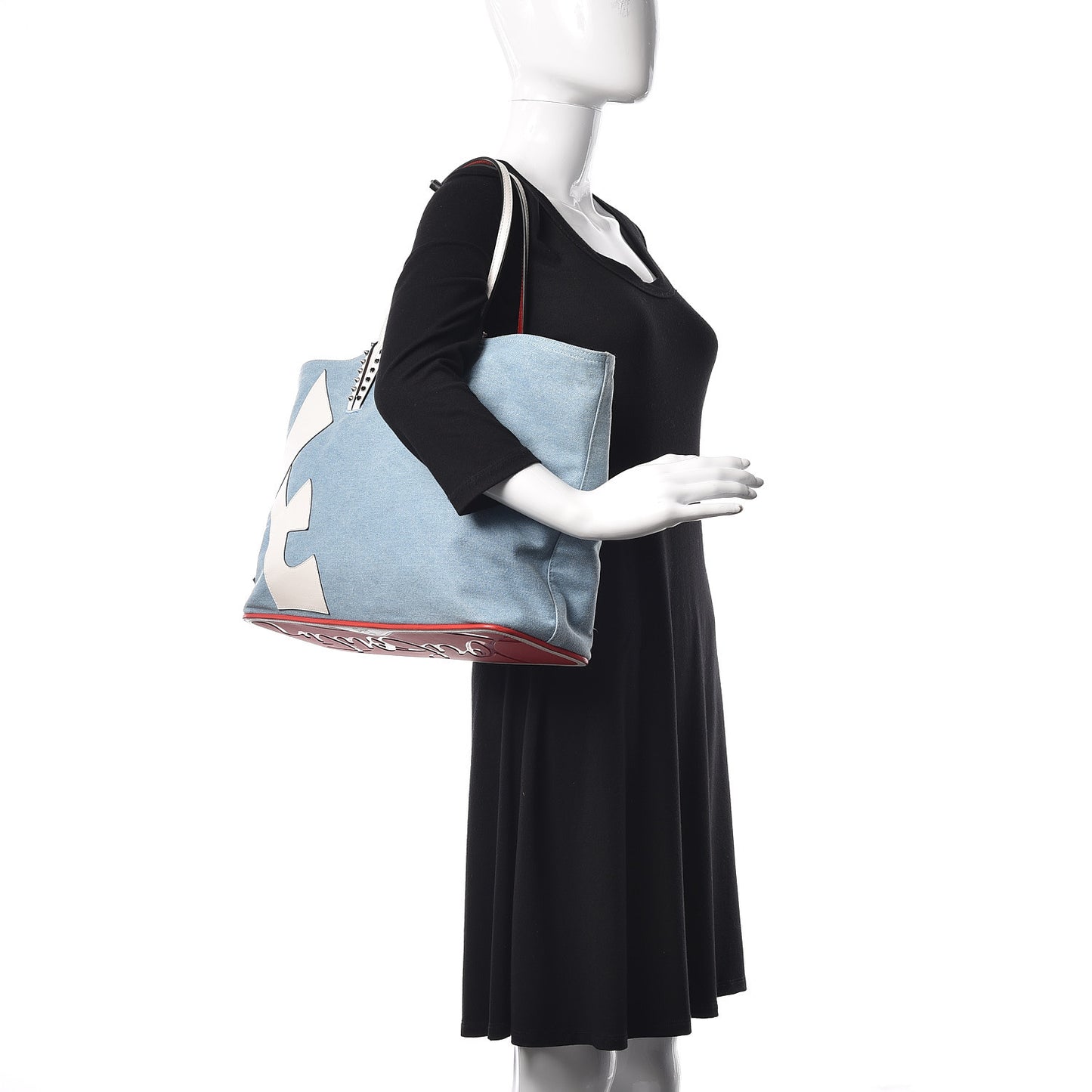 Denim Calfskin Love Spikes East West Cabata Tote Blue Latte