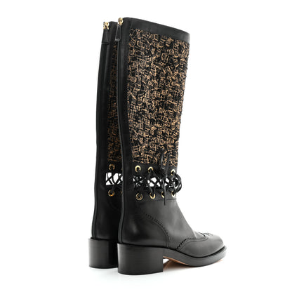 Chanel Tweed Calfskin Lace Up Knee Boots 38 Black 4 of 8