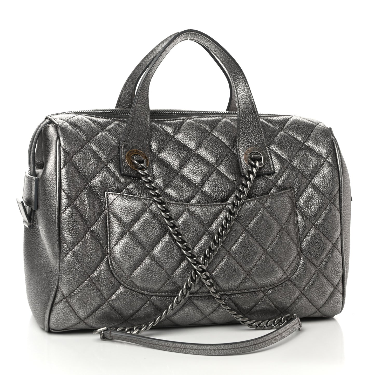 Metallic Grained Calfskin Quilted Large Casual Pocket Bowling Bag Silver