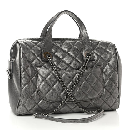 Chanel Metallic Grained Calfskin Quilted Large Casual Pocket Bowling Bag Silver 3 of 10