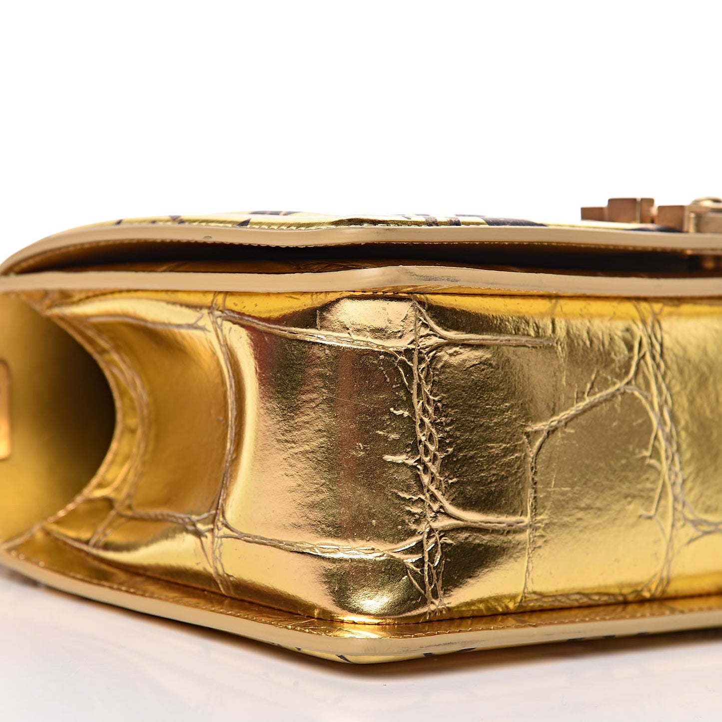 Metallic Calfskin Crocodile Embossed Graffiti Medium Cocodile Boy Flap Gold