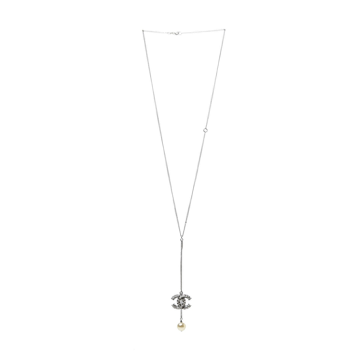 Chanel Baguette Crystal Pearl CC Lariat Necklace Silver 3 of 6
