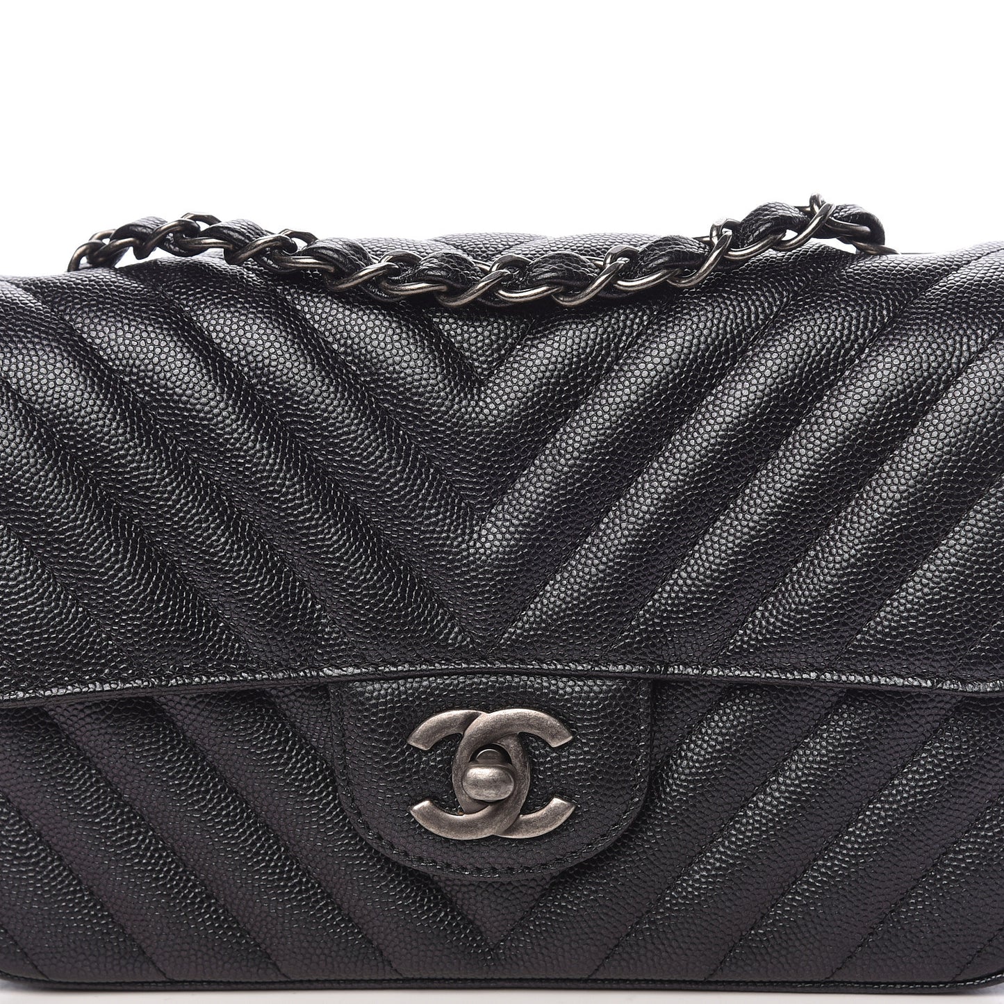 Iridescent Caviar Chevron Quilted Mini Rectangular Flap Black