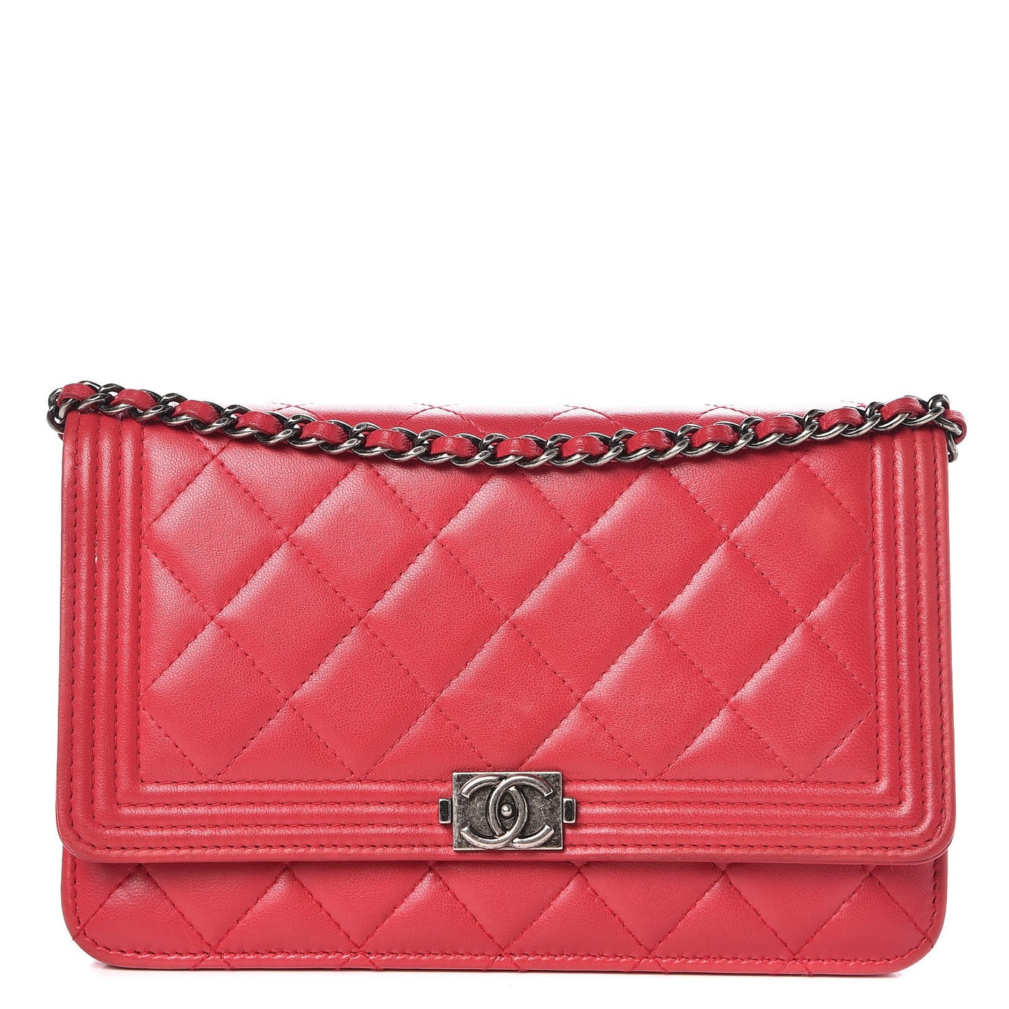 Lambskin Quilted Boy Wallet On Chain WOC Dark Pink