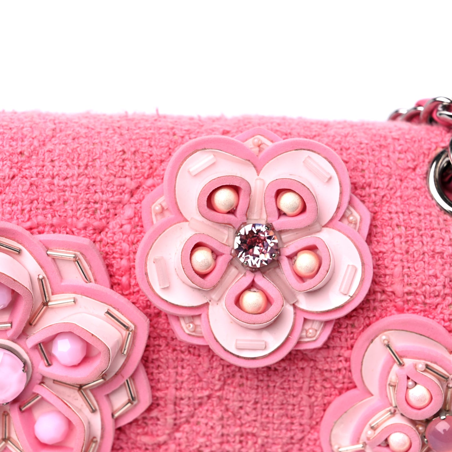 Tweed Crystal Bead Flower Embellished Quilted Medium Double Flap Pink