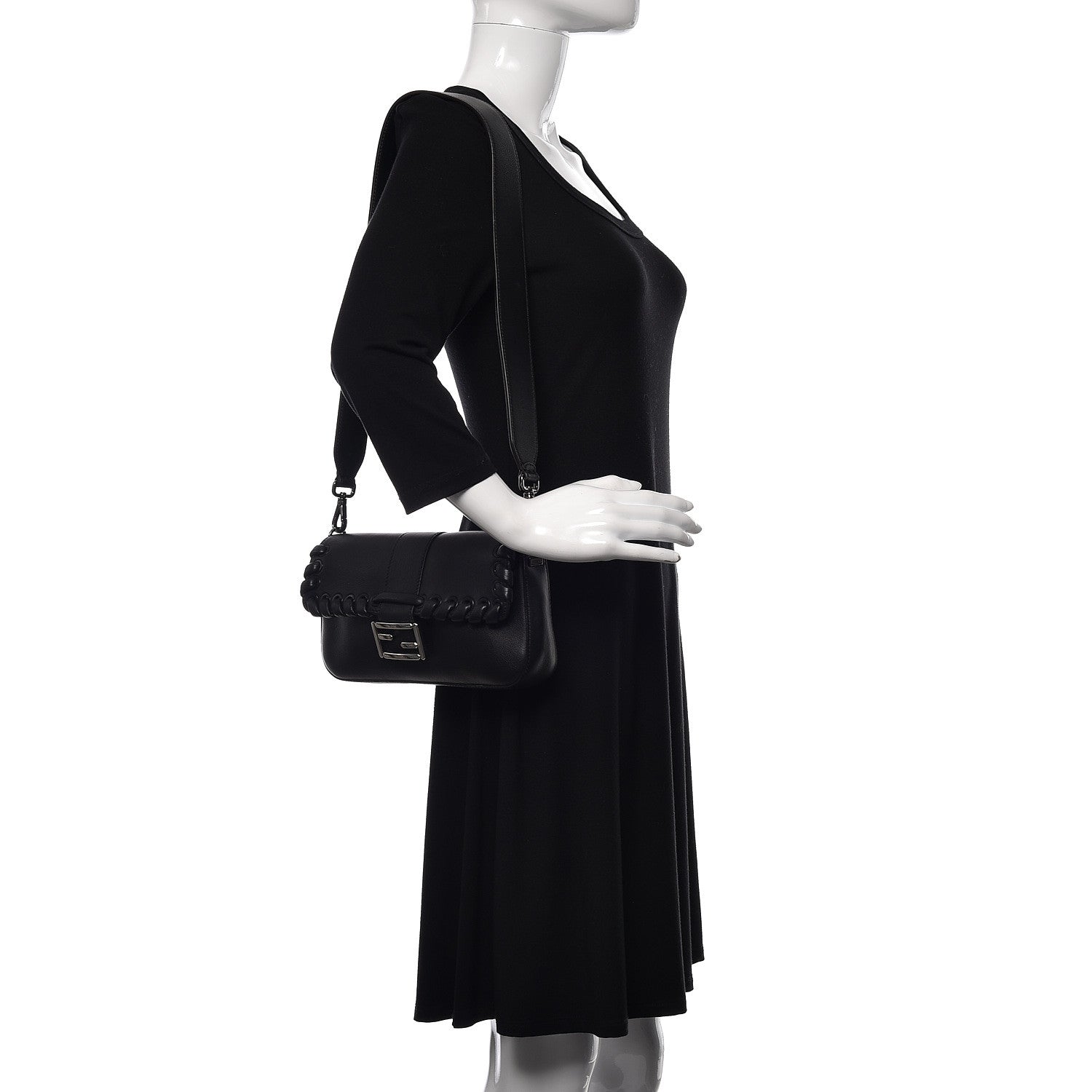 Fendi Vitello Dolce Lace Up Baguette Black 2 of 14