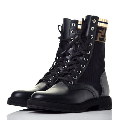 Fendi Calfskin Stretch Fabric Rockoko Biker Boots 37 Tobacco Black Marino 3 of 8