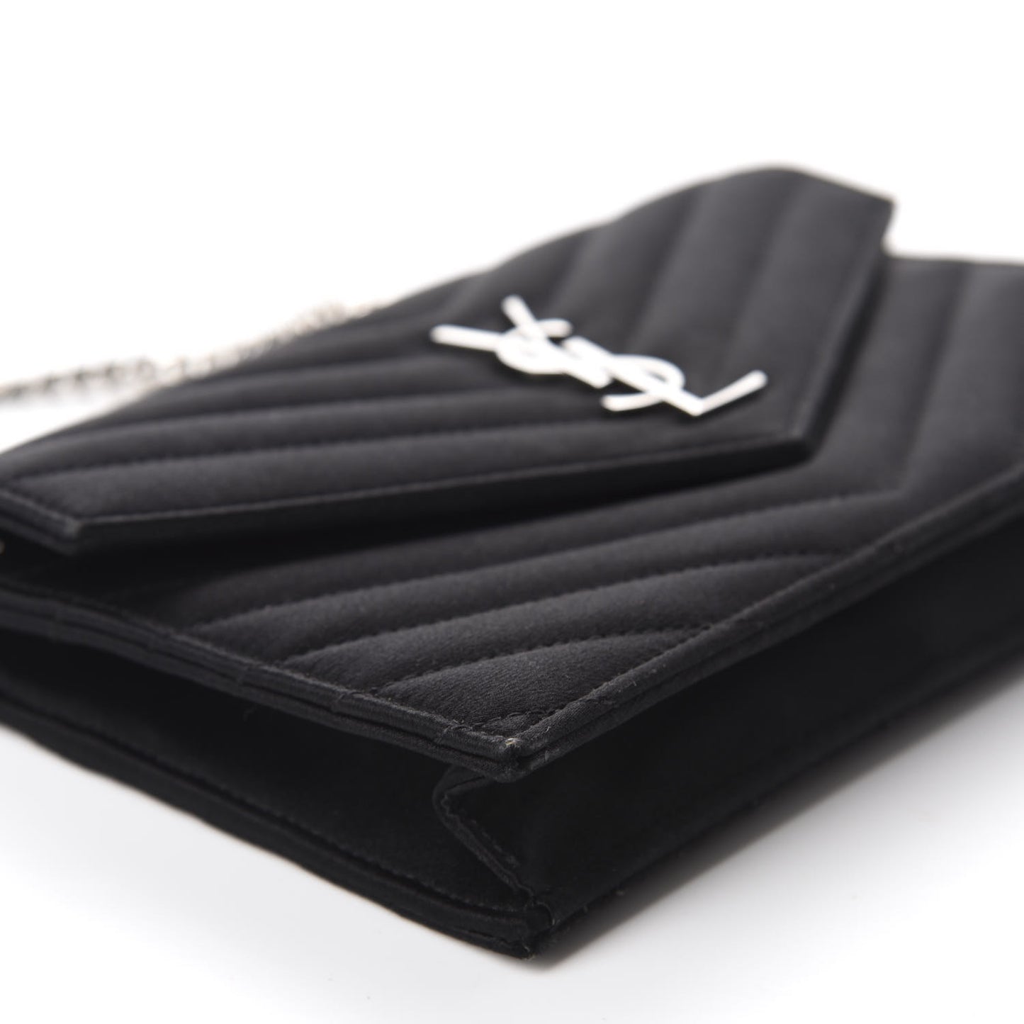 Satin Chevron Monogram Envelope Chain Wallet Black